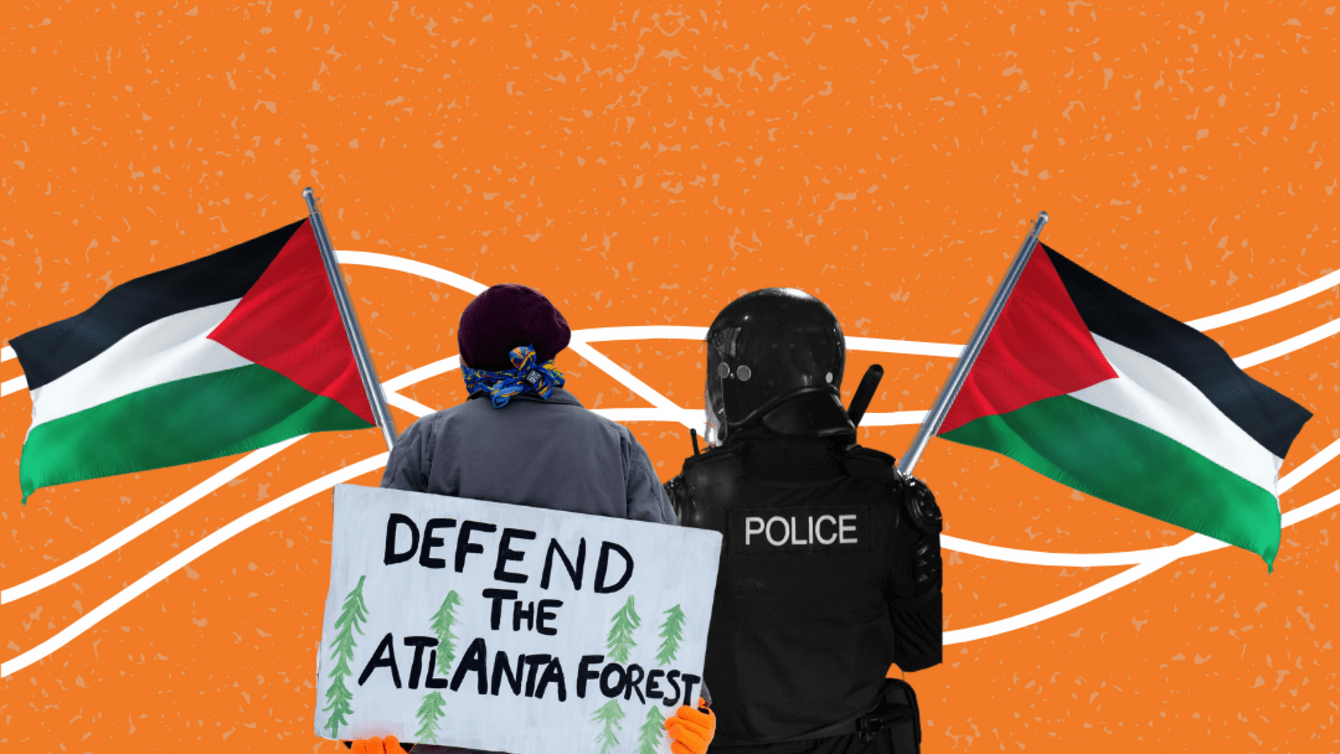 a person holding a sign that says "Defend the Atlanta Forest", a policeman and two Palestinian flags