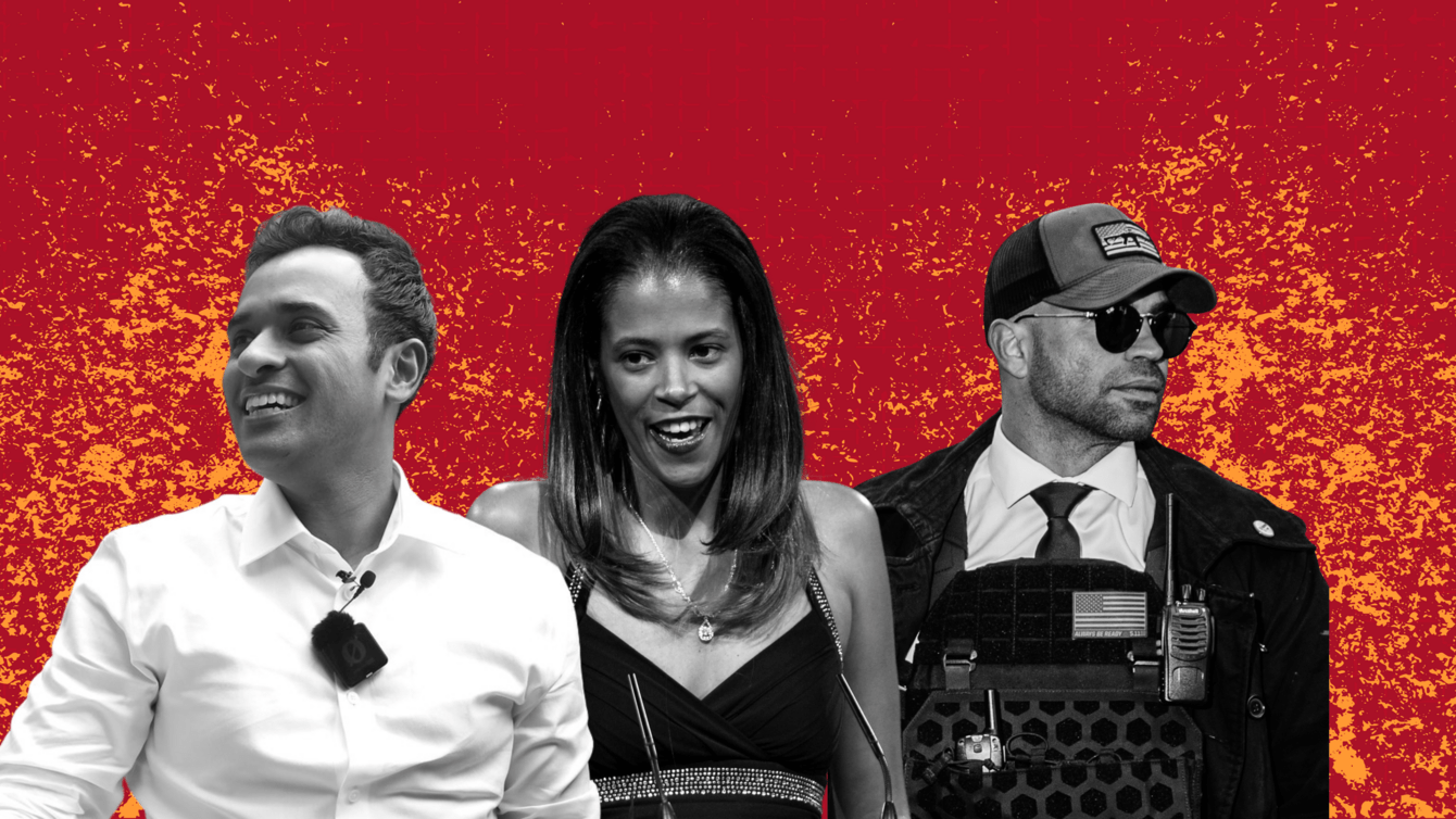 A collage of two men and a woman in front of a red background. 