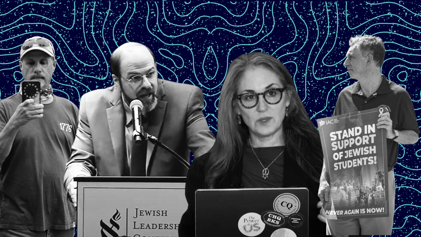 A collage of three men and a woman in front of a blue patterned background. 