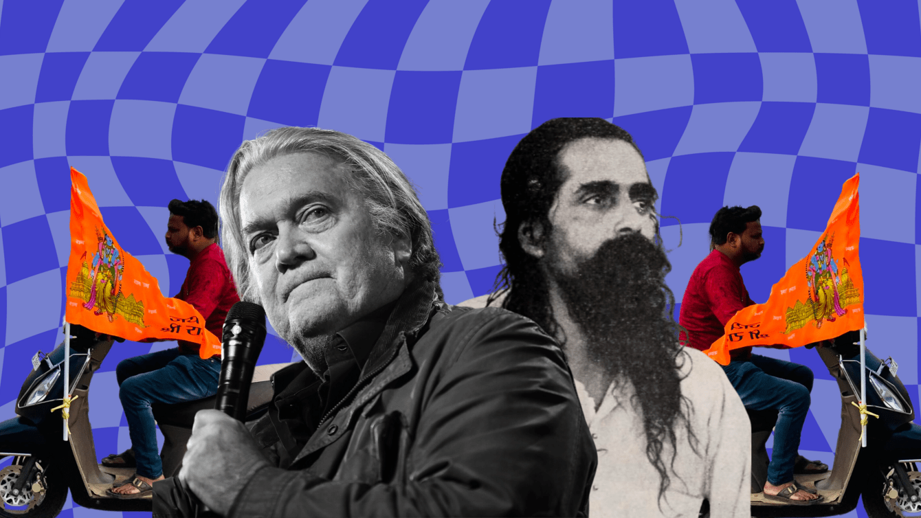 Collage of a man on a scooter with a flag, and two men in profile, in front of a blue checkered background.