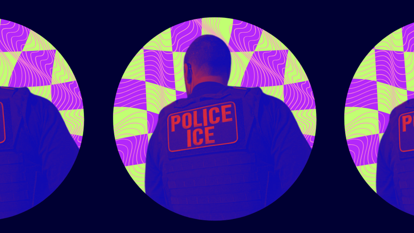 A person's back wearing a vest that says "Police ICE"