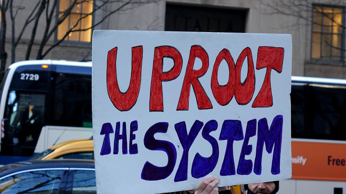 A person holding a sign that says "uproot the system"
