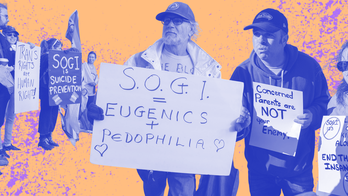 A yellow and purple background with cut outs of protestors.