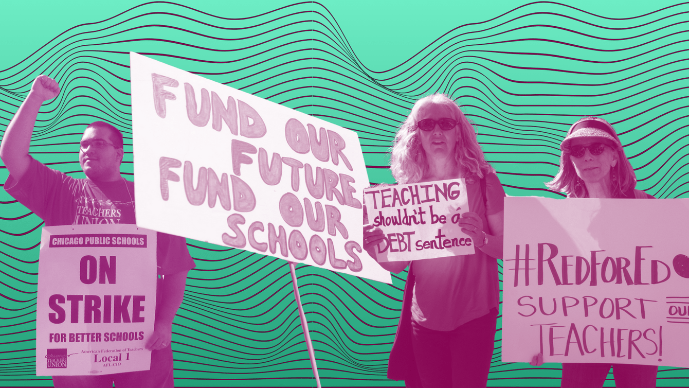 collage of protestors holding signs in support of public education in front of a green background