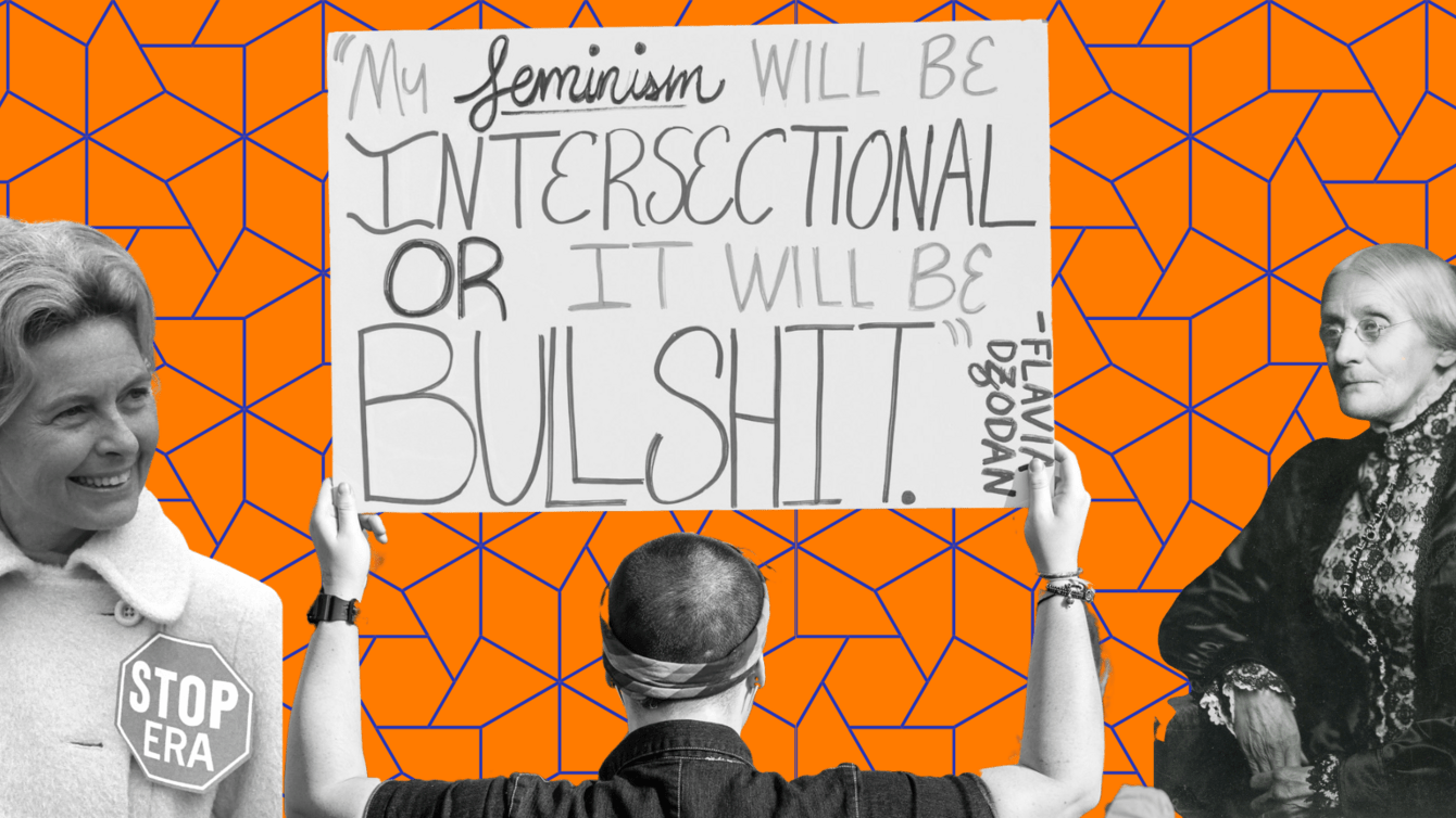 An orange background with portraits of two women with a banner in the middle that says "My feminism will be intersectional or it will be bullshit"."