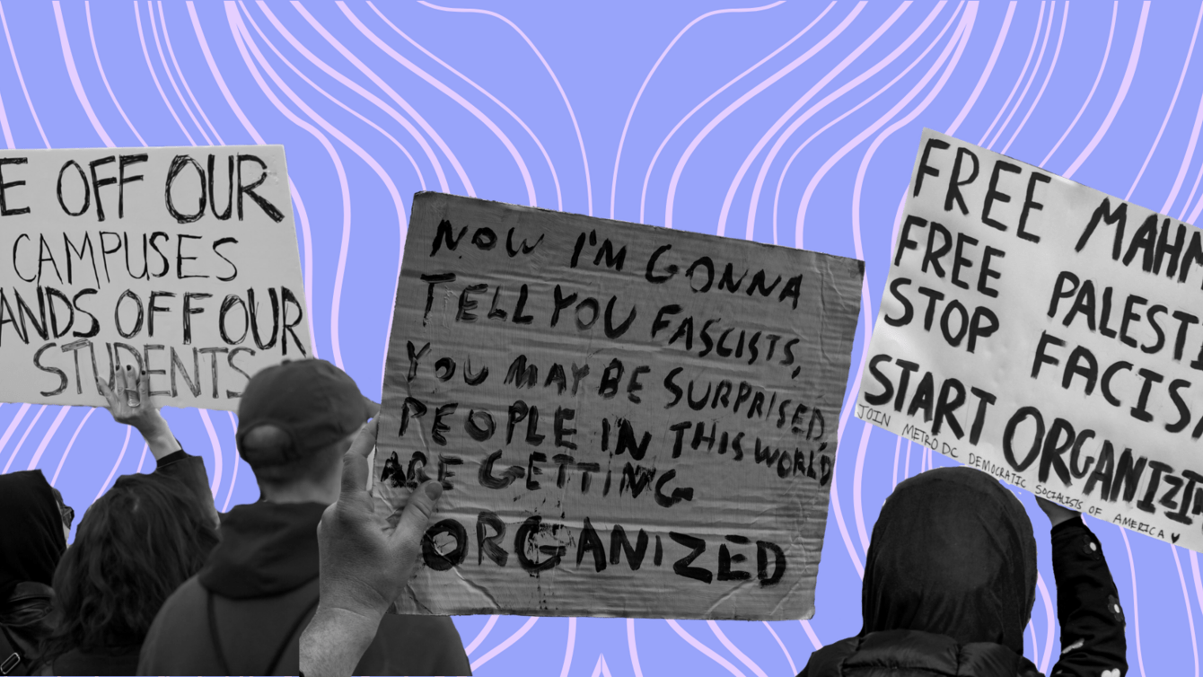 A collage of hand-drawn signs protesting ICE and fascism against a purple background