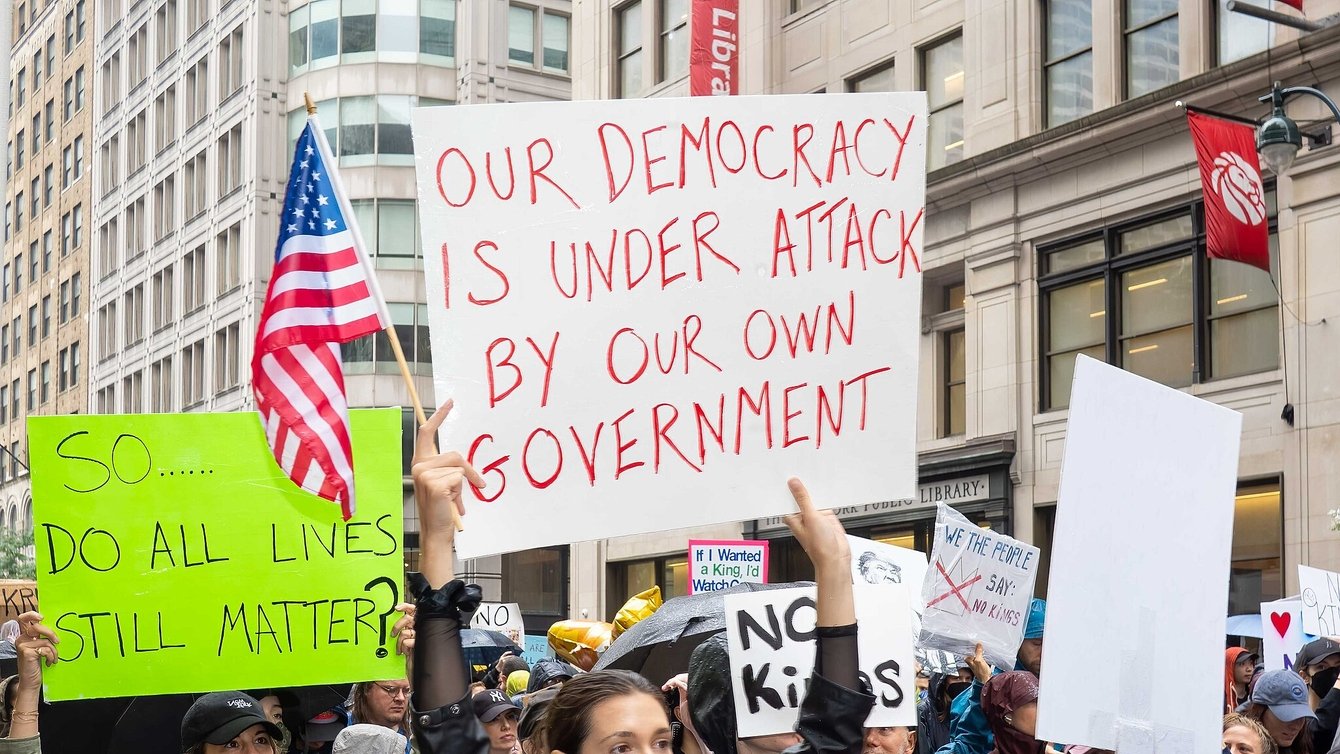 Sign at a No Kings protest in NYC in 14, June 2025.