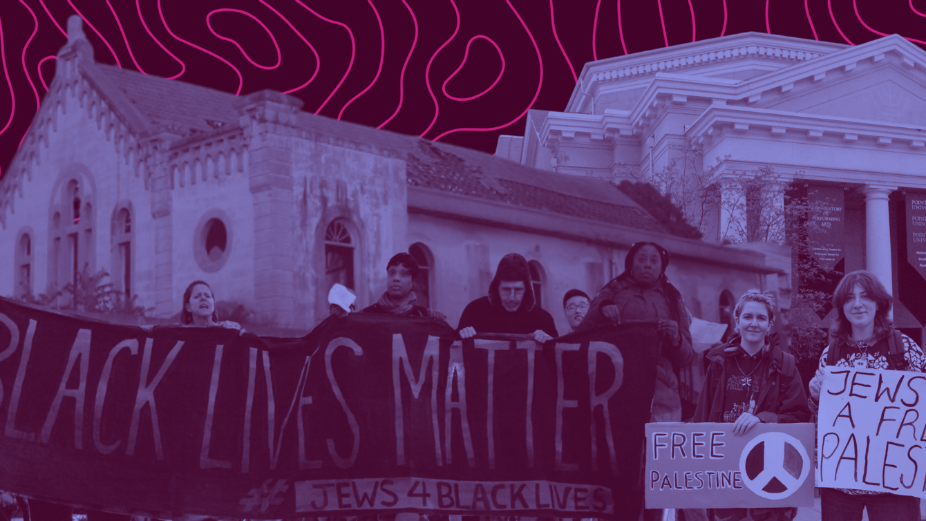 Background of the Maghen Abraham Synagogue in Lebanon and The Tree of Life Synagogue in the US, overlapping with protestors in support of Black Lives Matter, and Jews for a Free Palestine.