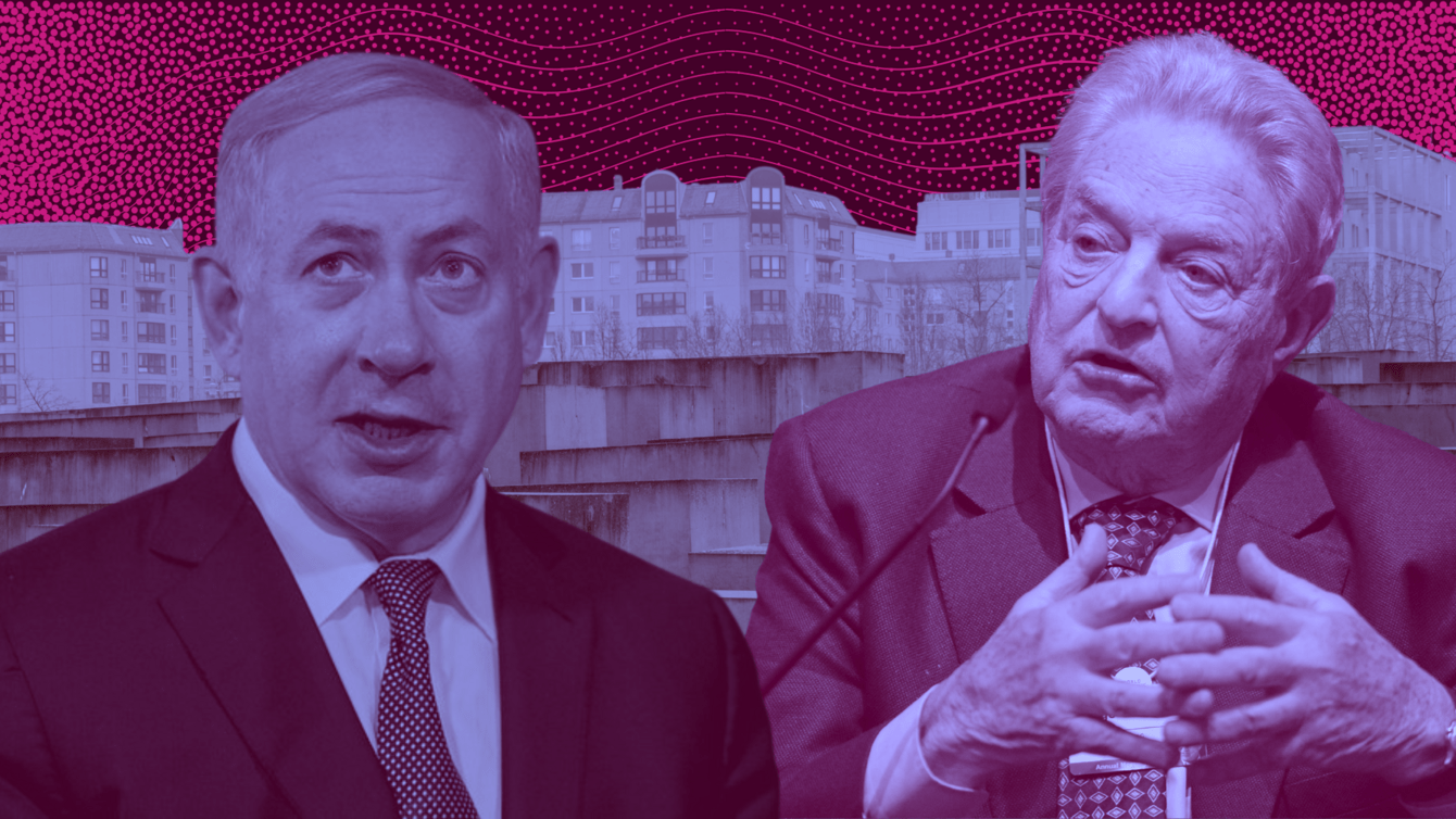 Collage of a background of a Holocaust memorial, with cut outs of Benajmin Netanyahu and George Soros in the foreground