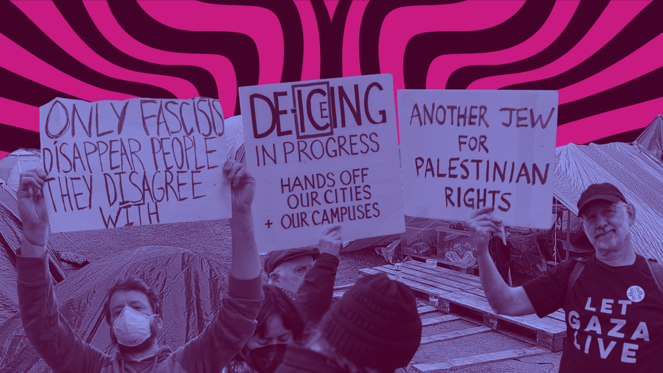 A collage with the background of a campus encampment, and protests against the dissapearing of Palestinian students.