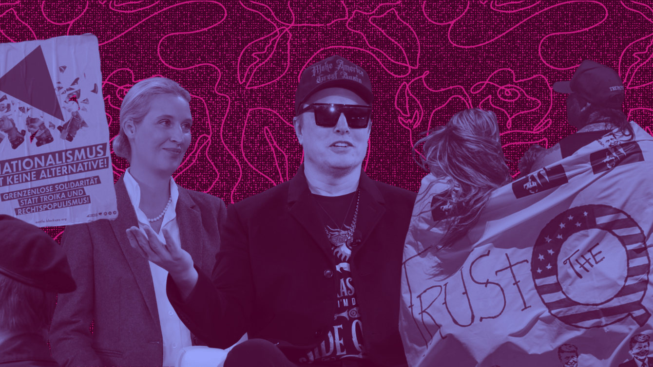 A collage of a protest against AfD, Elon Musk, A QAnon flag and Alice Weidel