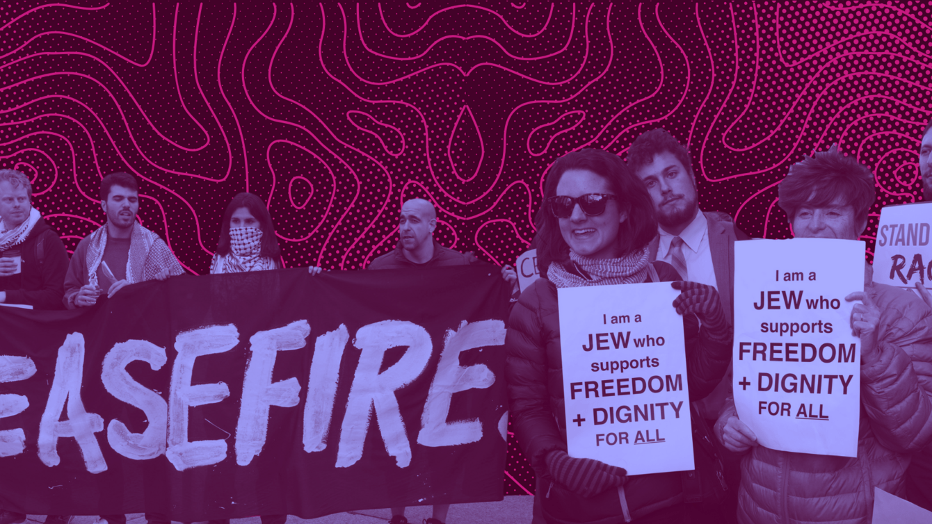 a collage of protesters against the occupation of Palestine, and protestors for racial justice.