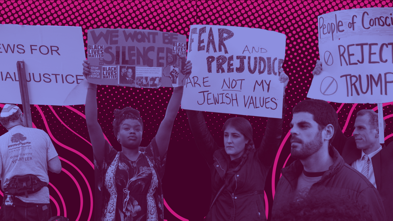 Collage of protestors at anti-racist protests and a JFREJ action. 