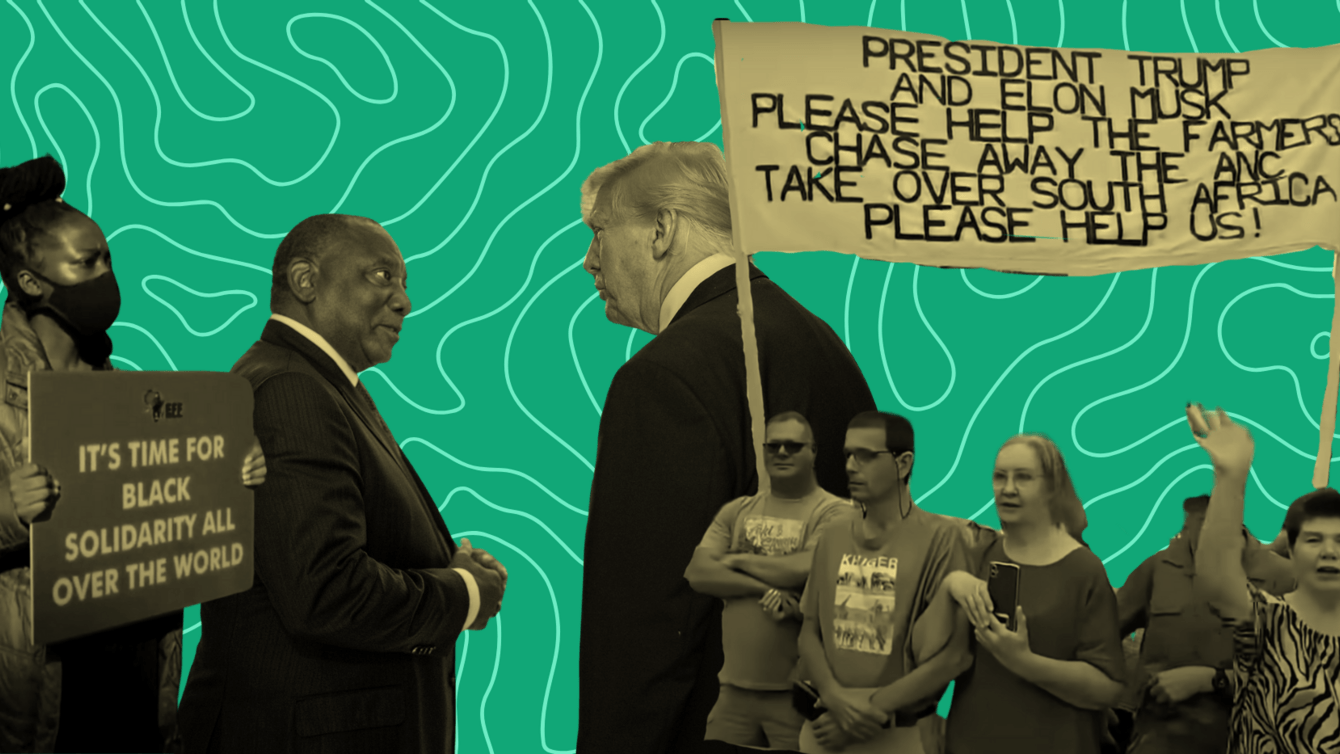 A collage of white protestors holding up a banner asking Trump and Elon Musk or help in South Africa, and Donald Trump speaking to a man in a suit and a woman holding a sign for Black Lives Matter.