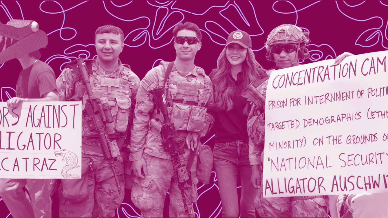A collage of people in front of a red background; two protestors holding signs against ICE and soldiers in uniform with guns