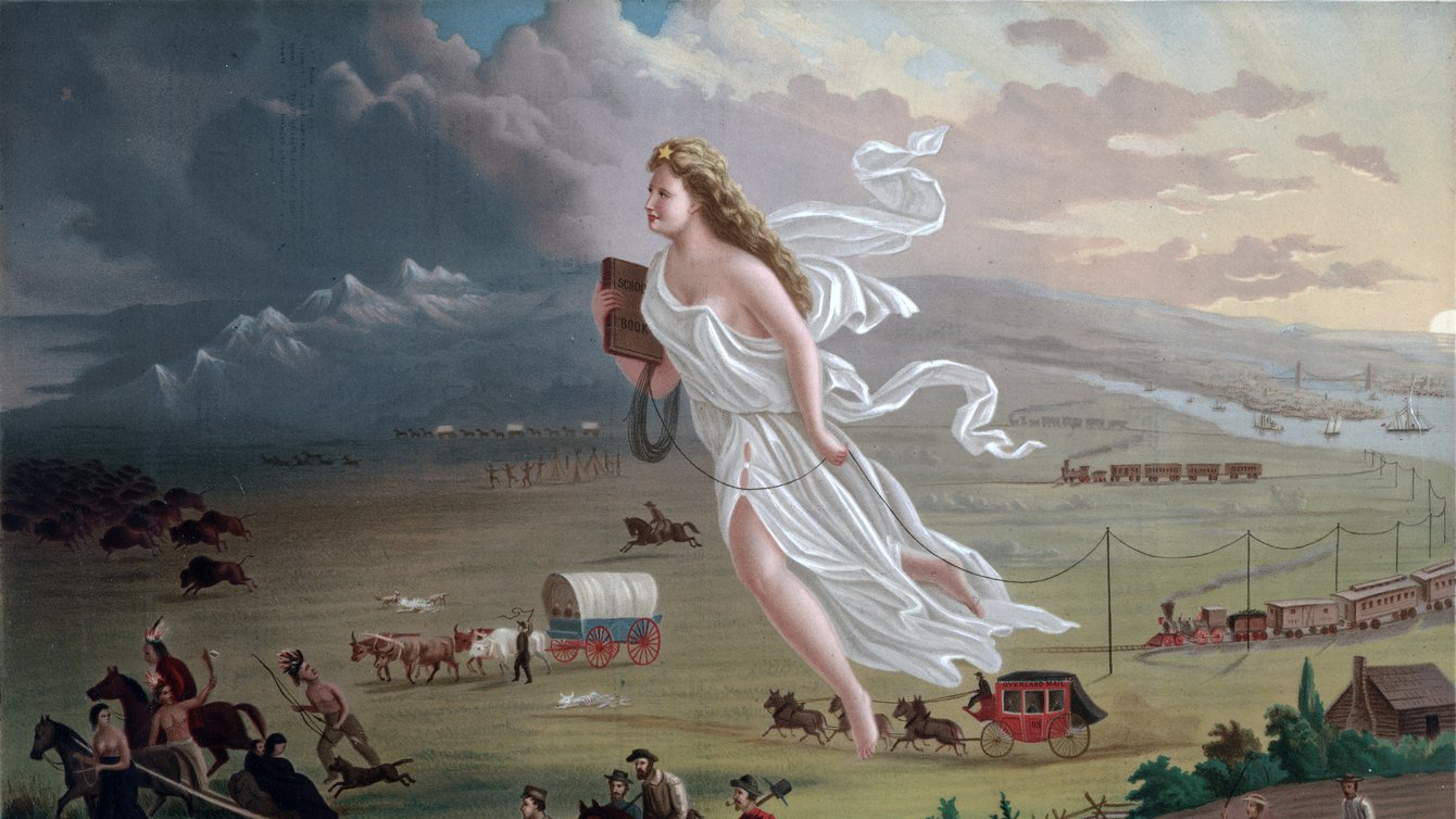Painting depicting an angel floating above a pastoral landscape