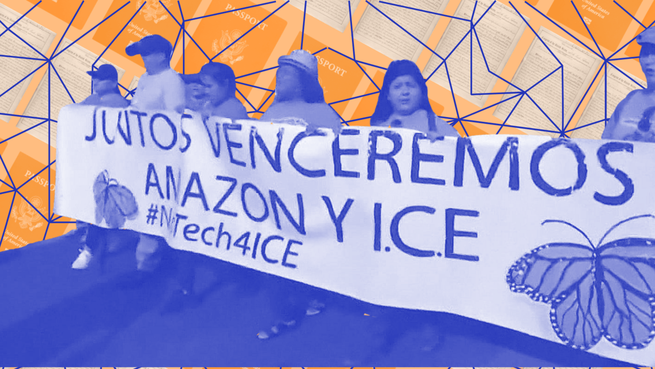 Protestors holding a banner that advocates against ICE and big tech