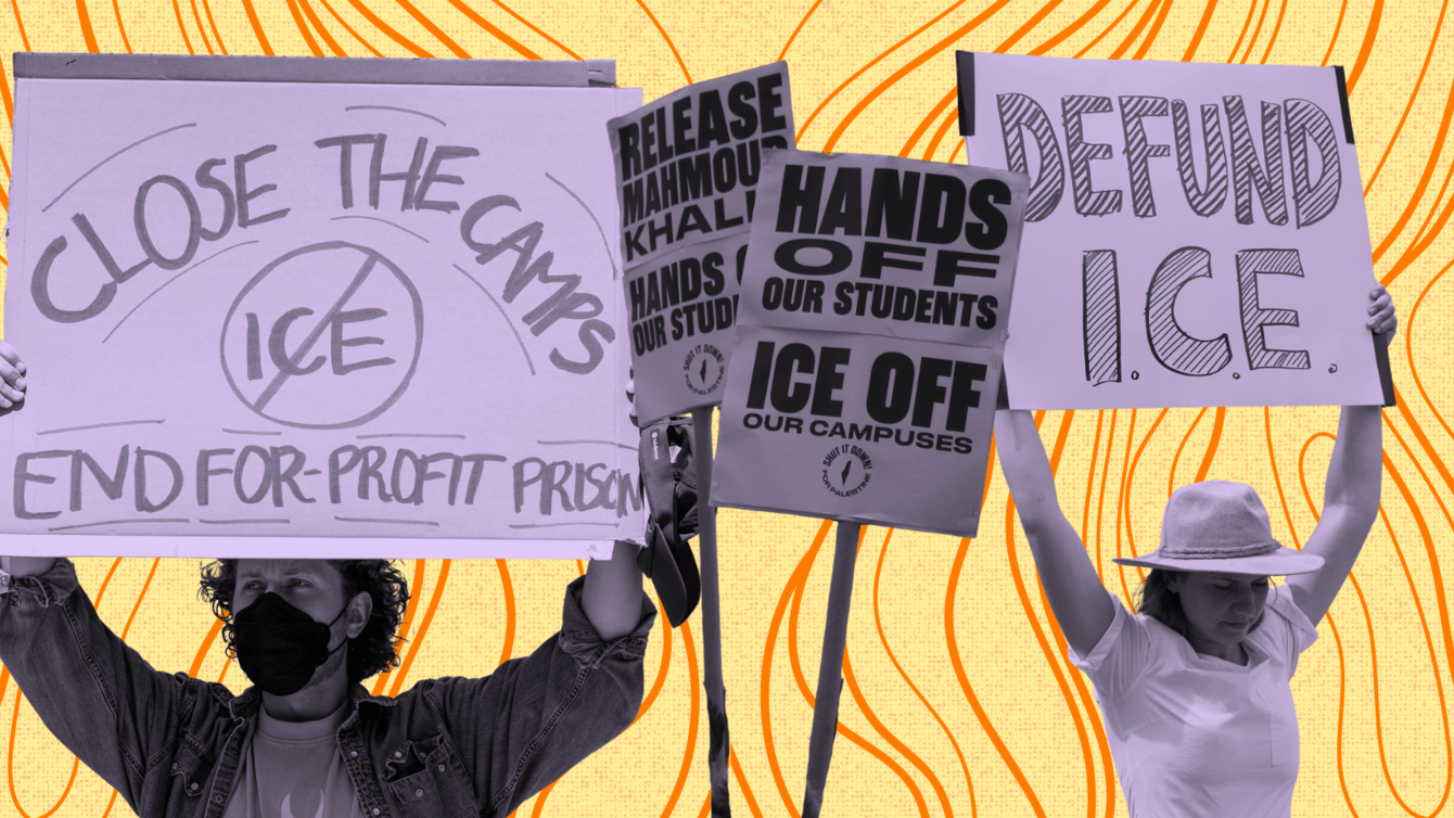 Collage of protestors holding signs protesting ICE in front of a yellow background