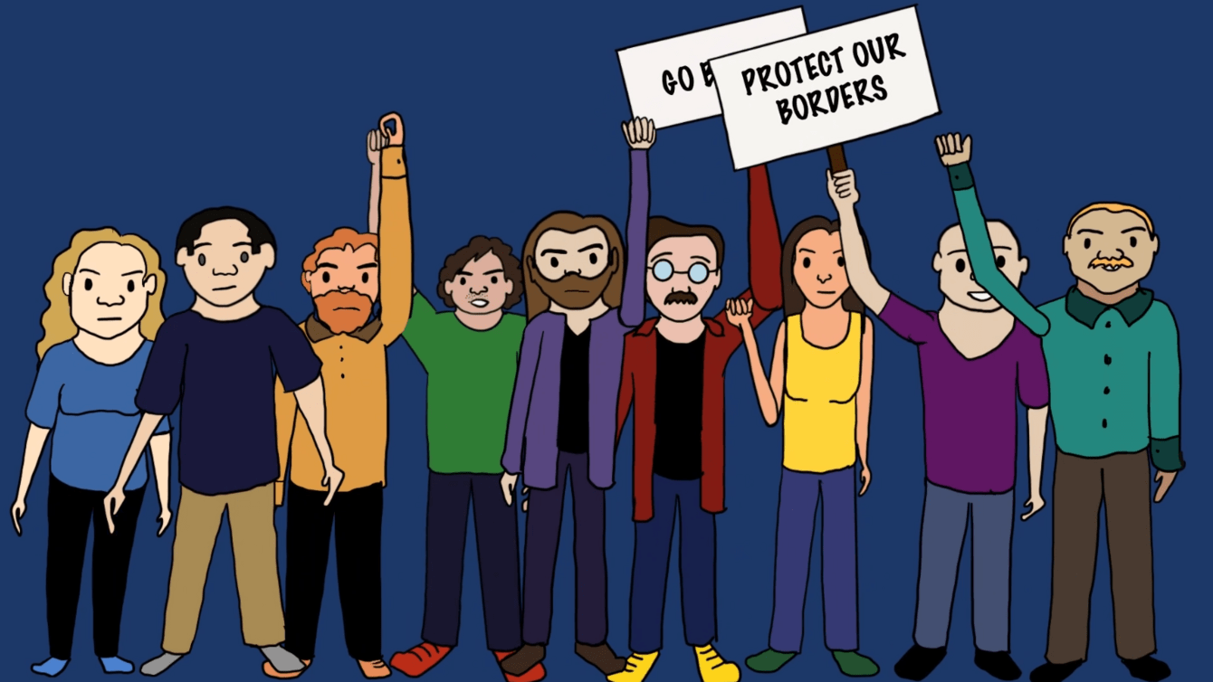 A drawing of anti-immigrant protestors