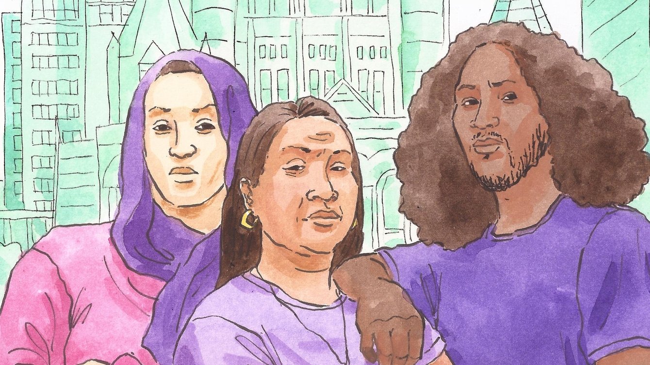 a watercolor painting of three people standing in front of a church and high rise in boston