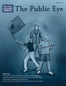 A drawing of three men, one holding an american flag.