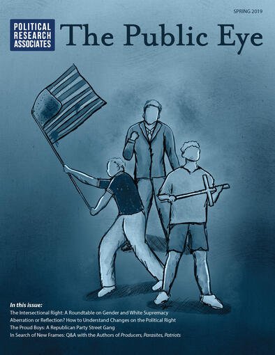 A drawing of three men, one holding an american flag.