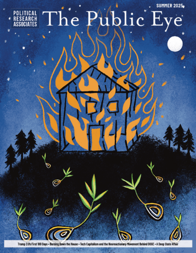 an illustration of a house frame on fire, and seeds sprouting on the ground.