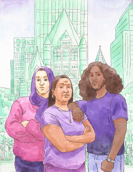 a watercolor painting of three people standing in front of a church and high rise in boston