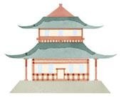 A water color illustration of a buddhist church
