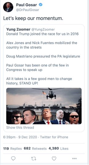 A tweet from Representative Paul Gosar promoting Fuentes as a key leader of the Stop the Steal movement.