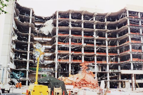 Alfred P. Murrah Federal Building after bombing, 1995.