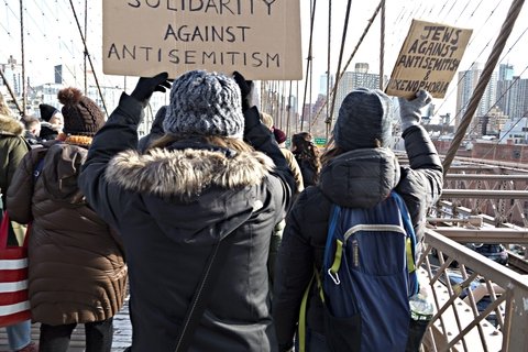 New York, USA. 5th January, 2020. About 15,000 protesters took to the streets in the No Hate No Fear March in response to increased antisemitic attacks