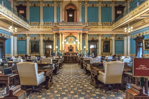 Ornate interior of the Senate Chambers for the state of Michigan lawmakers at the capitol building in downtown Lansing.