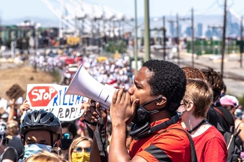 Protest organizer with a bullhorn