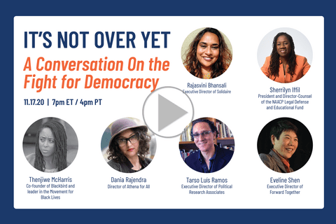 A screen capture of the video webinar with speakers' faces and names