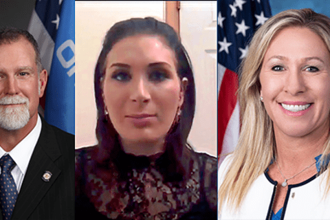 A collage of Warren Hamilton, Laura Loomer and Marjorie Taylor Greene