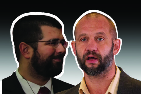 Two white men with white outlines and a gradient behind them.