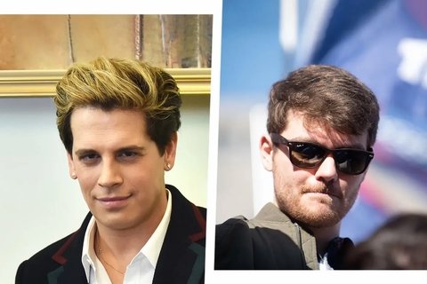 Photos of Milo Yiannopoulos and Nick Fuentes, two White man, one with bleached blond hair (left) and sunglasses (right)
