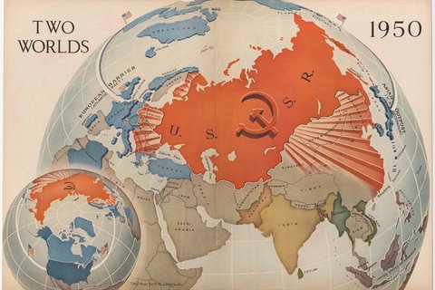 A drawing of the globe with a warped perspective to enlarge a red and sickle covered USSR.