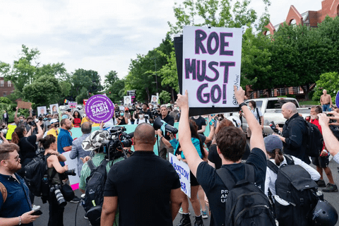 An anti-abortion protester in a group of protesters holding a sign that says "Roe must Go"