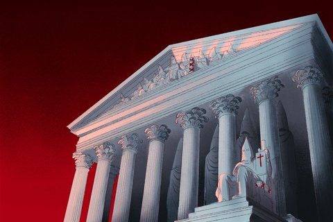 An illustration of the Supreme Court but made of KKK members.