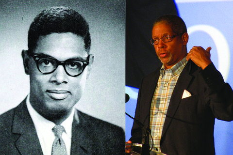 A black and white photo of a Black man in glasses, and a black man in a suit.