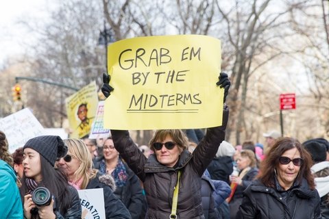 A White woman in a black coat holding a banner saying "Grab em by the midterms"