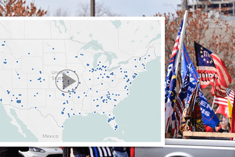 Photo of gray pickup truck with RW flags in bed with a mock up of a map of the US with blue data points layered on top on the left side of the image