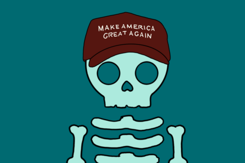 an illustration of a skeleton wearing a make america great again hat.