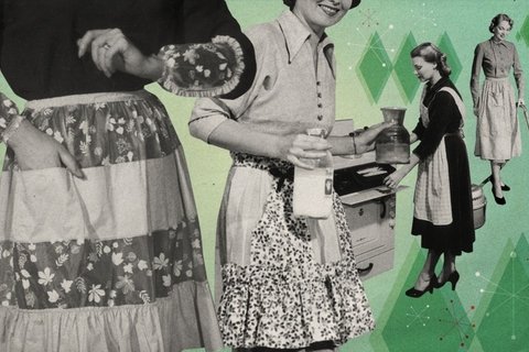 Cut outs of women in full skirts and dresses on a green background