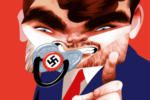 an illustration of Nick Fuentes with a pacifier with a swastika on it.