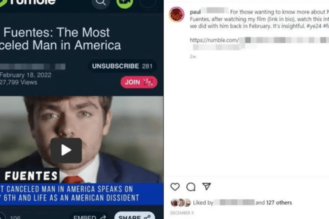 A picture of Nick Fuentes with an instagram captions next to it.