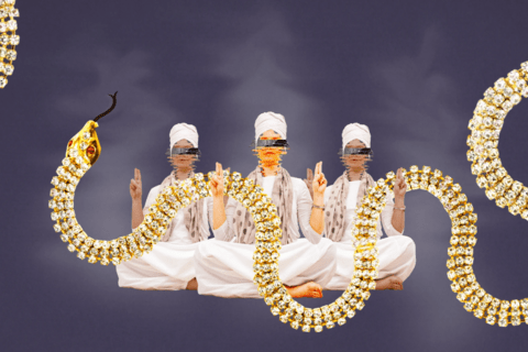 A woman in a robe and ruban with a bejeweled snake wrapping around her.