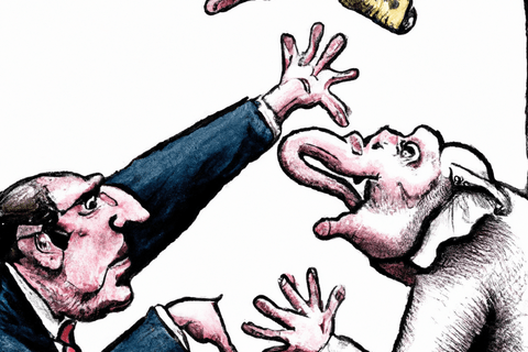 a man in a suit and an elephant reaching for an arm.